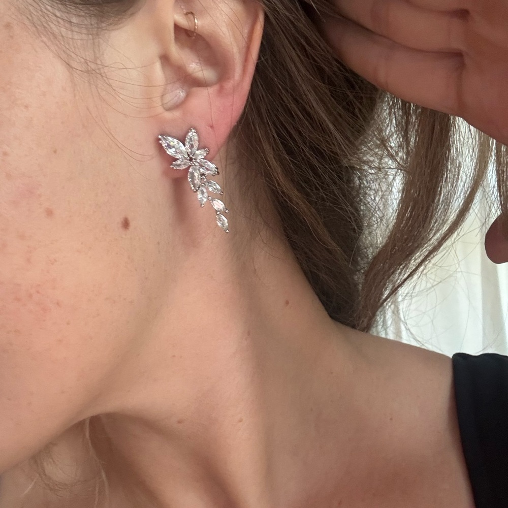Silver 'Diamond' Rhinestone Leaf Formal Earrings